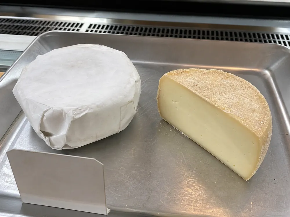 Wrapped Canastra-style wheel and clean sample wedge on a cheese counter | KnowTheCheese