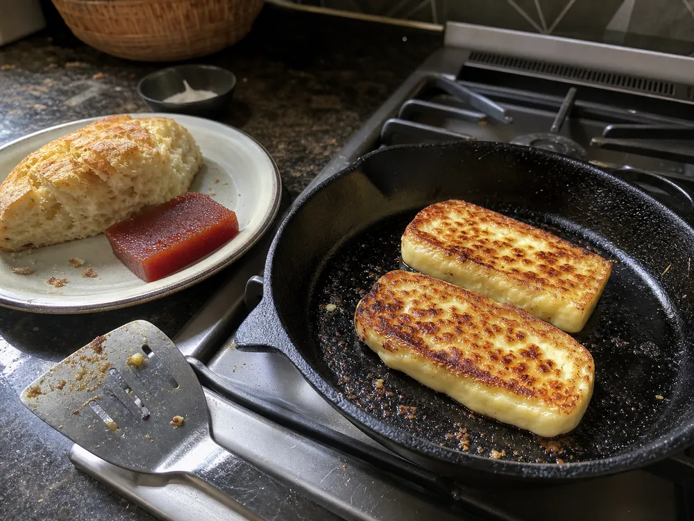 Browned Canastra-style cheese slices with cassava bread and guava paste | KnowTheCheese