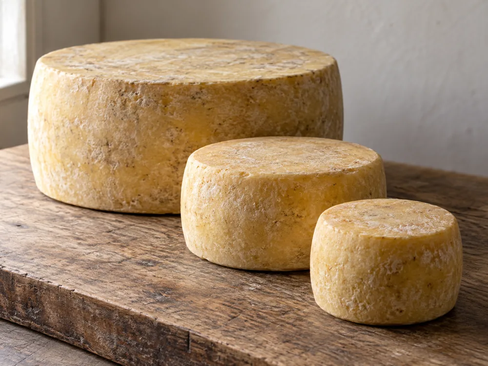 Three whole cylindrical cheeses in large, medium and small sizes on a wooden board - Canastra cheese | KnowTheCheese
