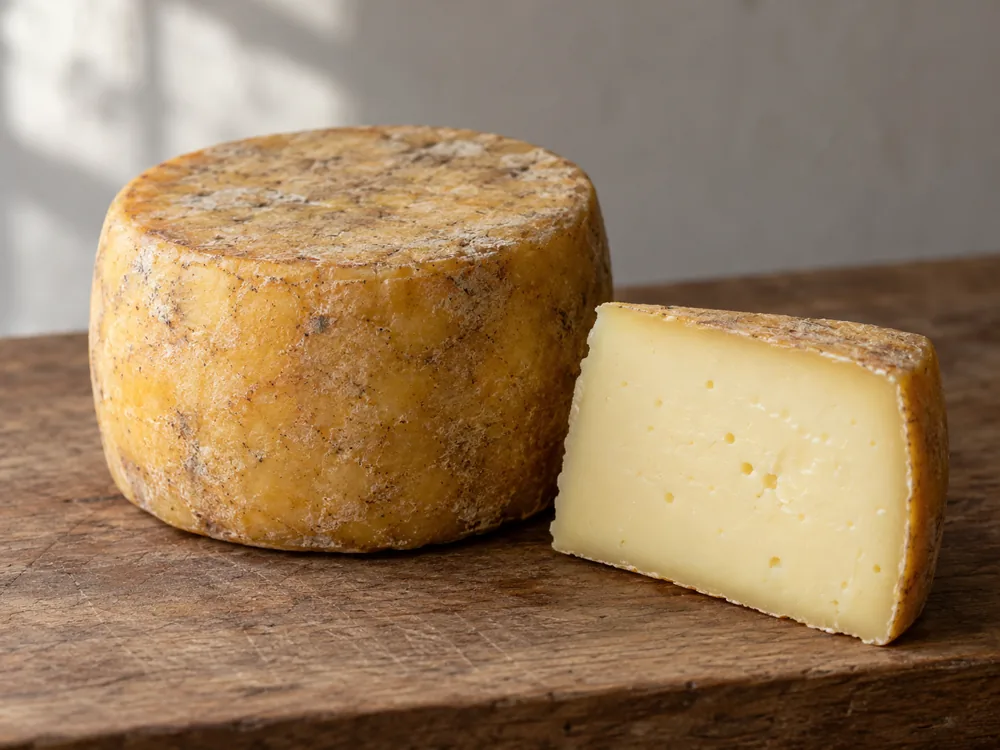 Whole matured wheel with a darkened yellow rind beside a cut wedge with a pale paste and a few small round openings - Canastra cheese | KnowTheCheese
