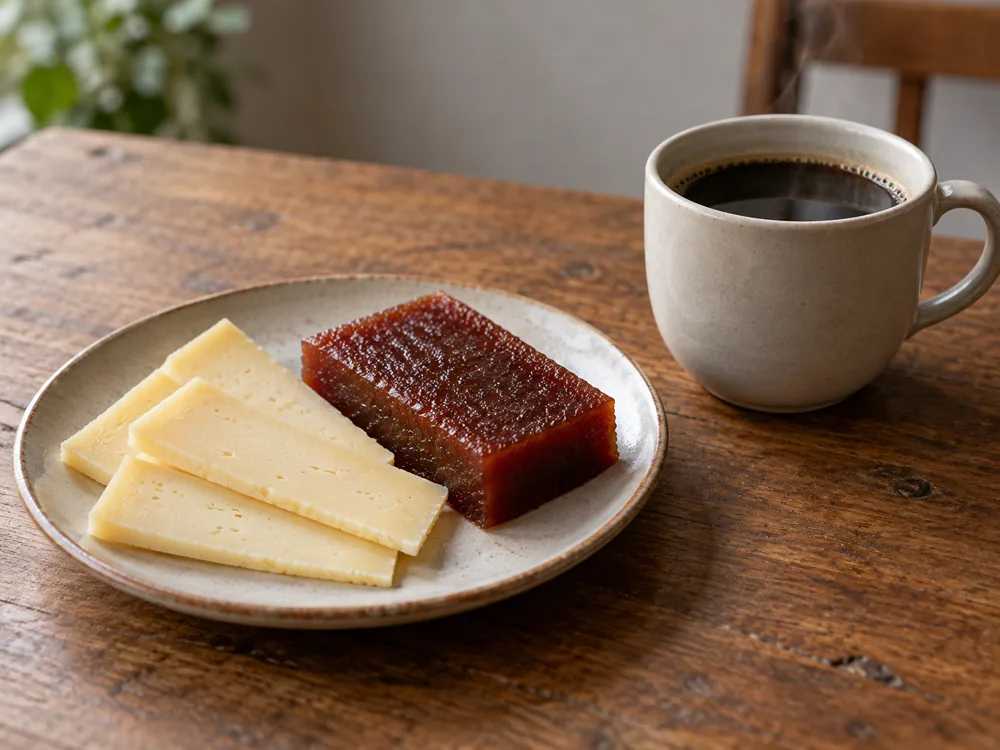 Slices of pale cheese with a slab of guava paste and a cup of coffee - Canastra cheese | KnowTheCheese