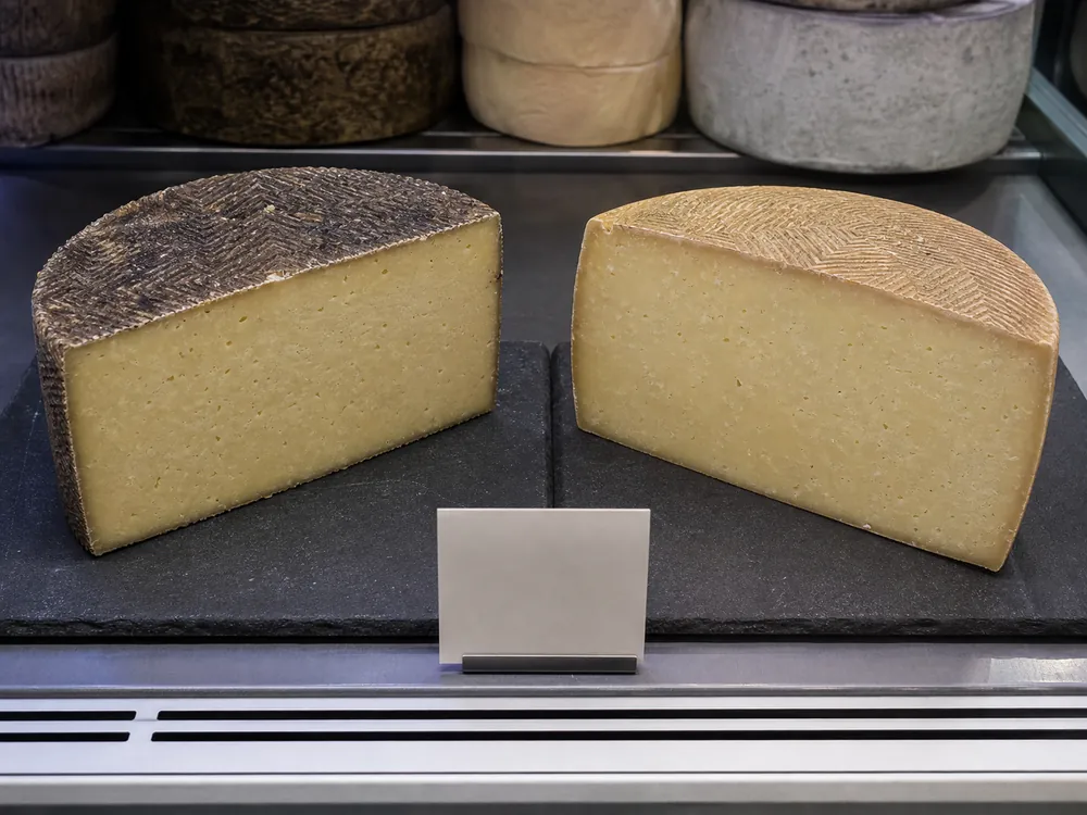 Two basket-marked southern Italian cheese wedges with different paste and rind cues | KnowTheCheese