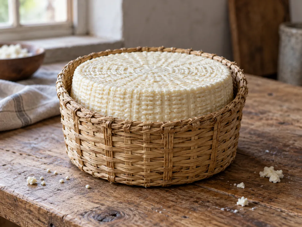 Pale pressed cheese form sitting in a woven basket mold - Canestrato | KnowTheCheese