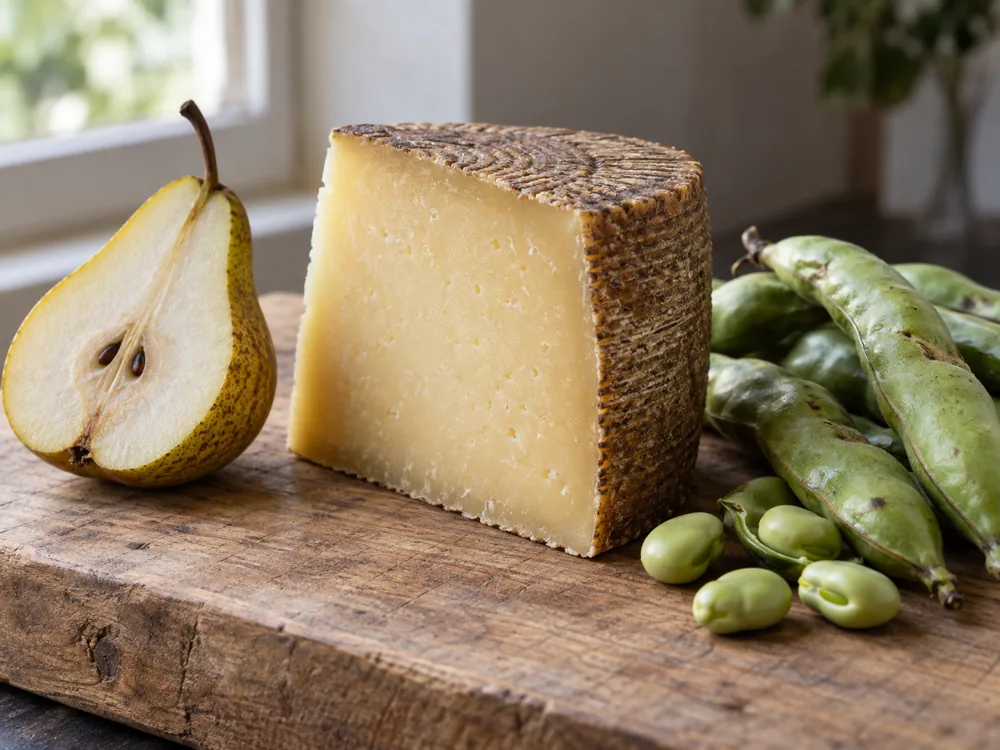 Wedge of firm cheese with a ridged rind beside a halved pear and fava beans - Canestrato | KnowTheCheese