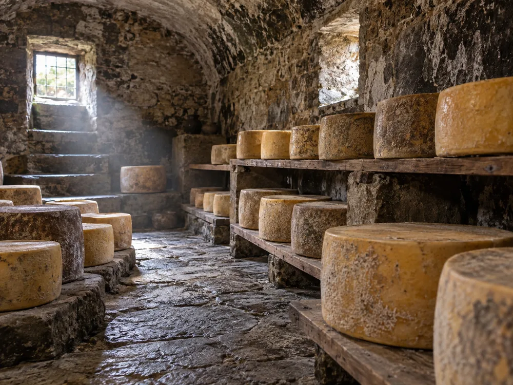 Cool stone-walled cellar with cylindrical hard cheese wheels resting in rows - Canestrato | KnowTheCheese