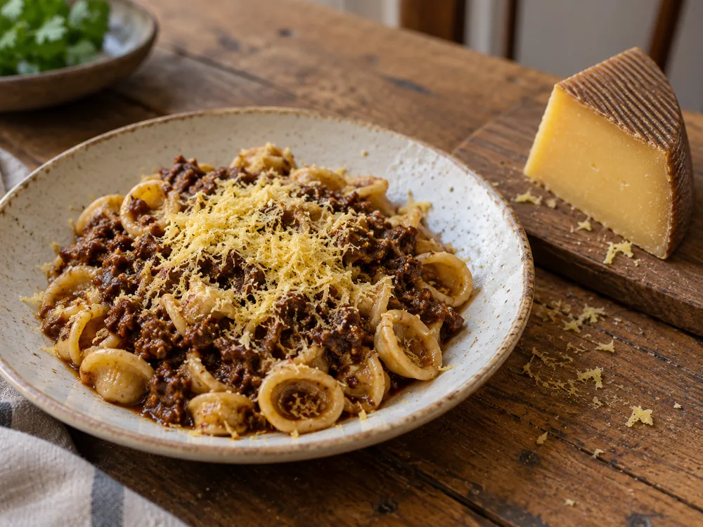 Orecchiette with meat ragù and freshly grated hard cheese beside a ridged-rind wedge - Canestrato | KnowTheCheese
