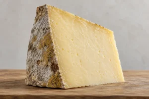 Tall wedge of Cantal with a dry grey-white and golden rind and firm pale yellow paste - Cantal