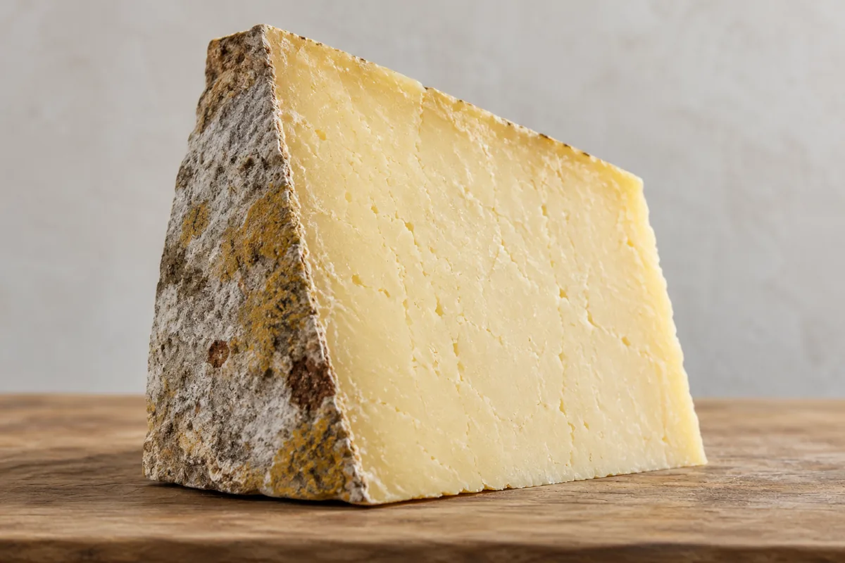 Tall wedge of Cantal with a dry grey-white and golden rind and firm pale yellow paste - Cantal