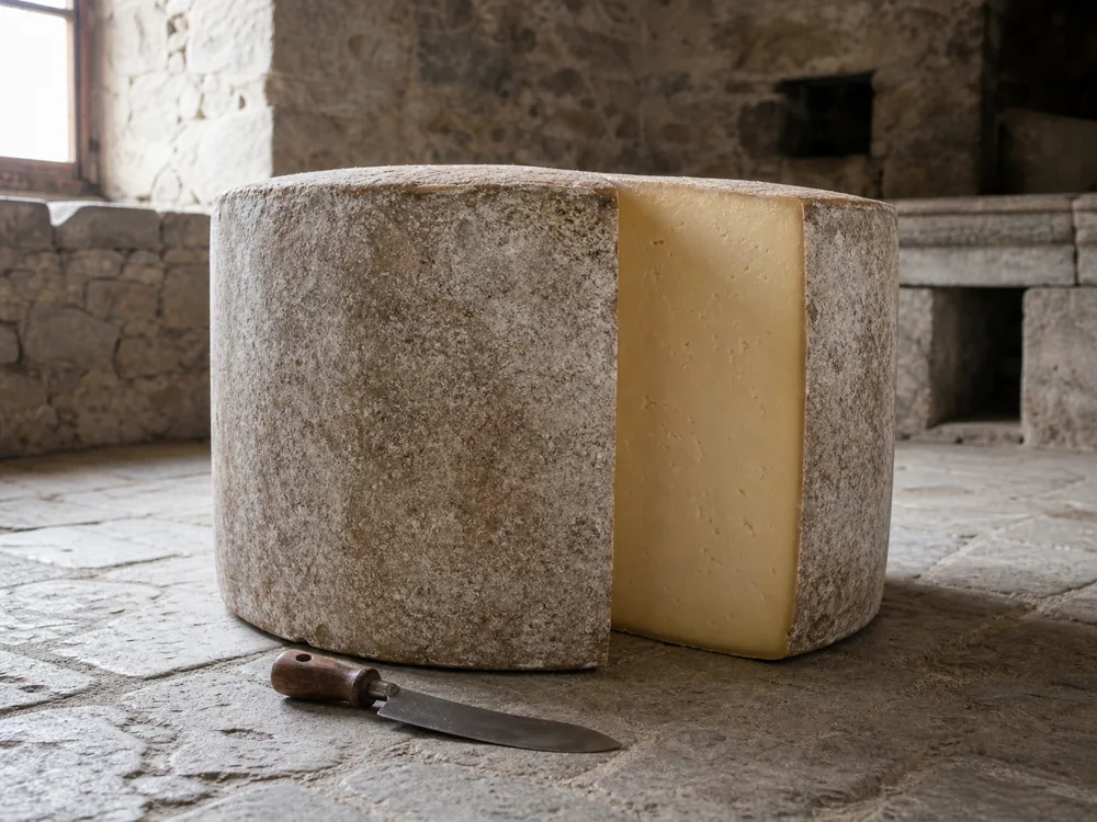 Large Cantal wheel cut open to show its dense pressed paste - Cantal | KnowTheCheese