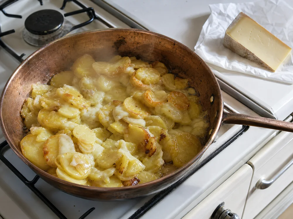 Young Cantal melting between browned potato slices in a copper pan - Cantal | KnowTheCheese