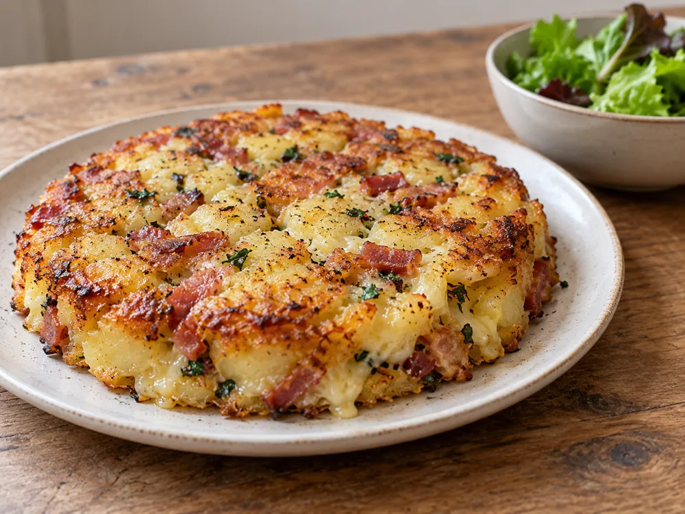 Truffade of potatoes, melted cheese and lardons turned out with golden edges beside a green salad - Cantal | KnowTheCheese