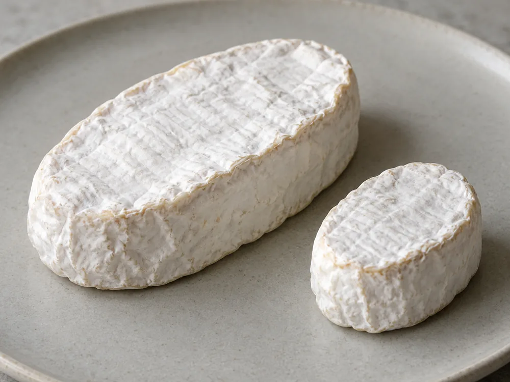 Two oval white-rind cheeses, one large and one small, side by side - Caprice des Dieux | KnowTheCheese