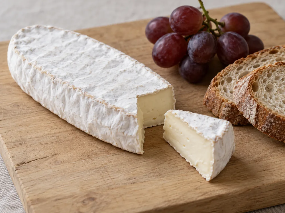 Elongated white-rind cheese with one wedge cut away beside grapes and sliced country bread - Caprice des Dieux | KnowTheCheese