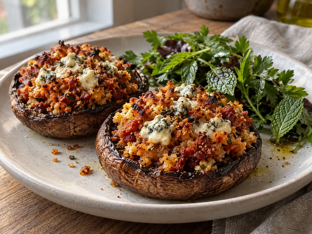Roasted portobello mushrooms with a breadcrumb and blue cheese topping beside a herb salad - Cashel Blue | KnowTheCheese