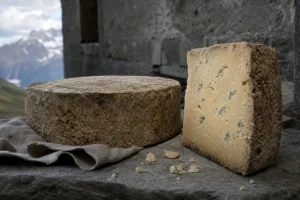 Rustic Castelmagno-style wheel with compact paste and sparse blue-green veins - Castelmagno | KnowTheCheese