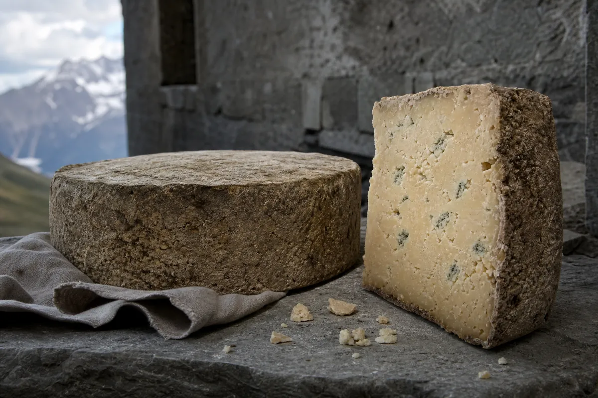 Rustic Castelmagno-style wheel with compact paste and sparse blue-green veins - Castelmagno | KnowTheCheese