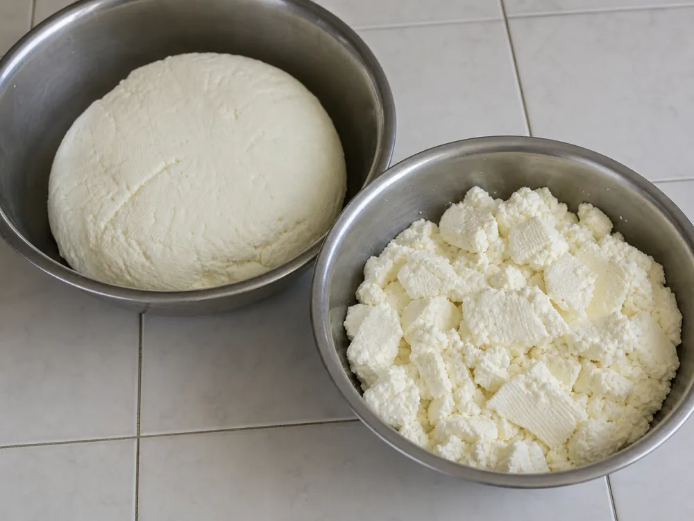 Rested curd and a second batch broken into coarse pieces for pressing | KnowTheCheese
