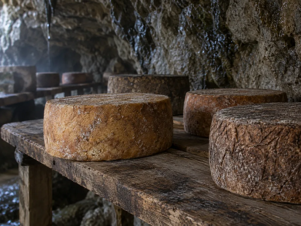 Flat-faced cheese wheels resting on wooden boards in a damp cave - Castelmagno | KnowTheCheese