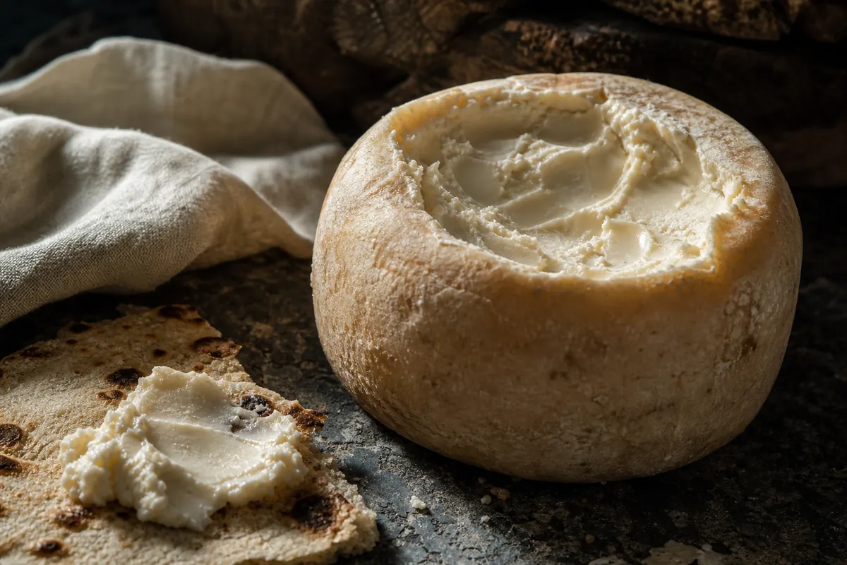 Opened Sardinian sheep cheese wheel with a soft transformed center - Casu marzu | KnowTheCheese