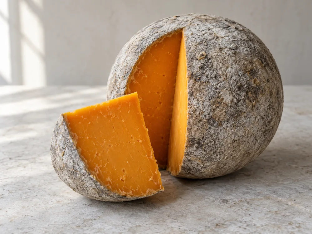 Spherical cheese with a grey rind cut open to show bright orange paste | KnowTheCheese