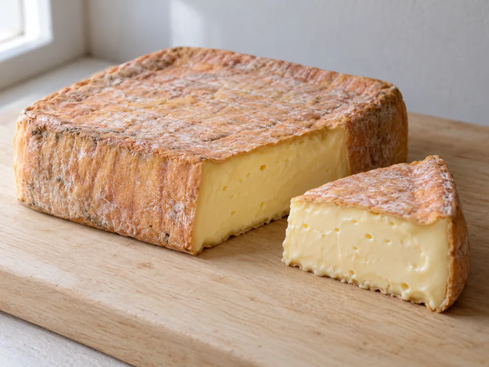 Square washed-rind cheese with an orange rind cut to show a creamy pale yellow paste - Casu marzu | KnowTheCheese
