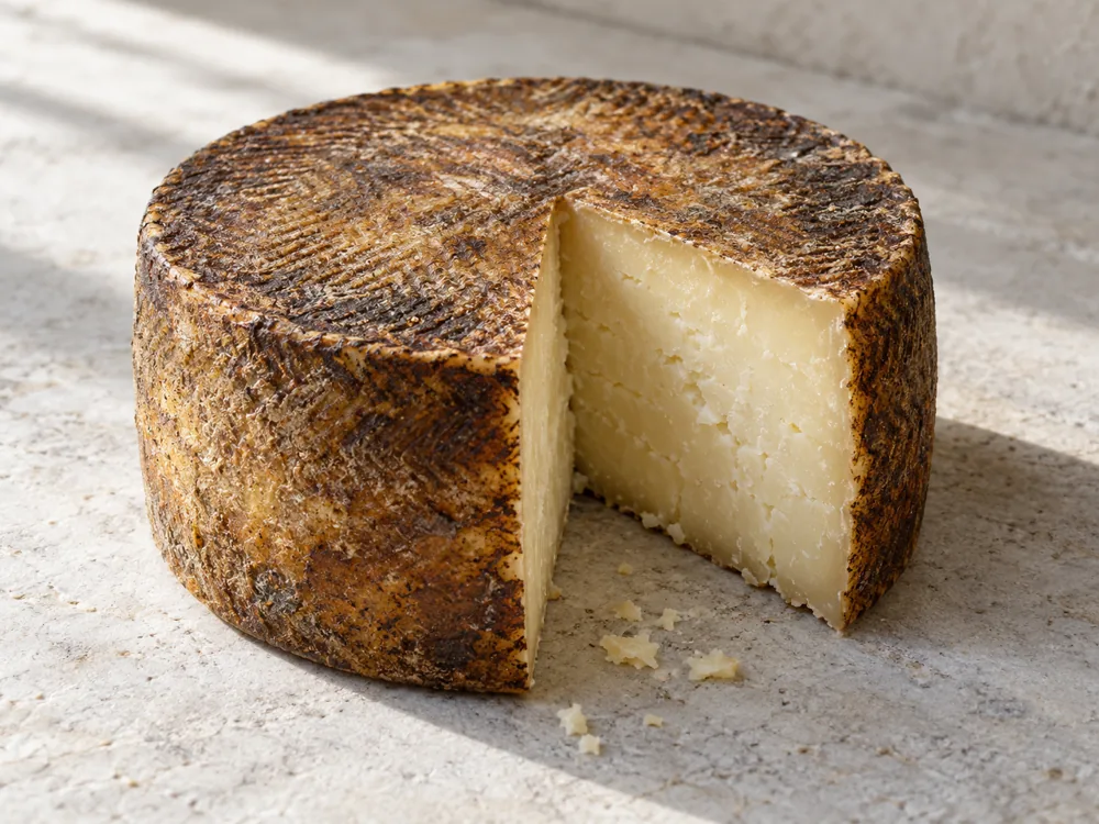 Sheep's milk cheese wheel with a dark brown rind cut to show a pale straw-coloured paste - Casu marzu | KnowTheCheese