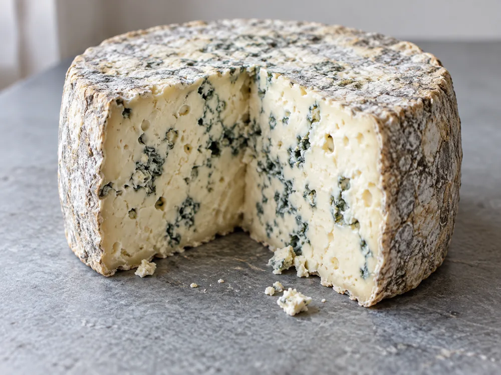 Blue-veined cheese wheel cut open to show greenish-blue veins in an ivory paste - Casu marzu | KnowTheCheese