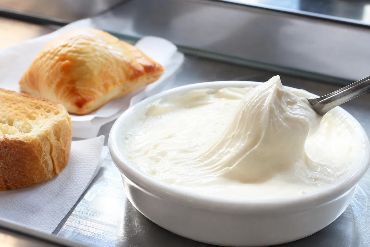 Thick white Brazilian requeijao with toast and a baked savory pastry - Catupiry | KnowTheCheese