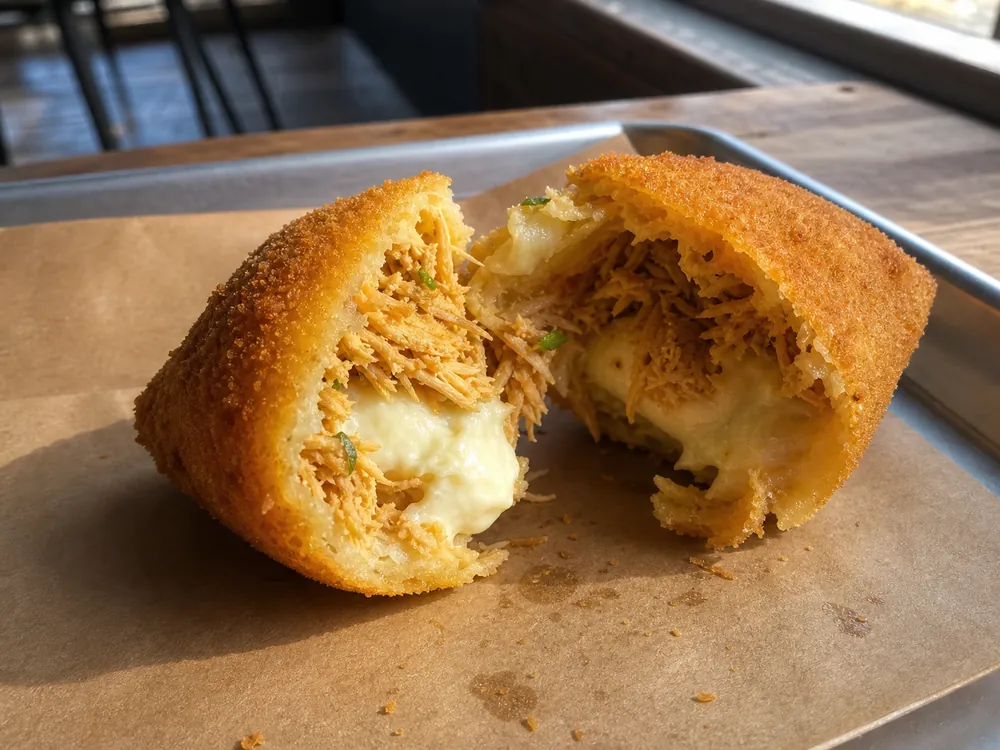 Cut coxinha with chicken and a thick white creamy cheese center | KnowTheCheese