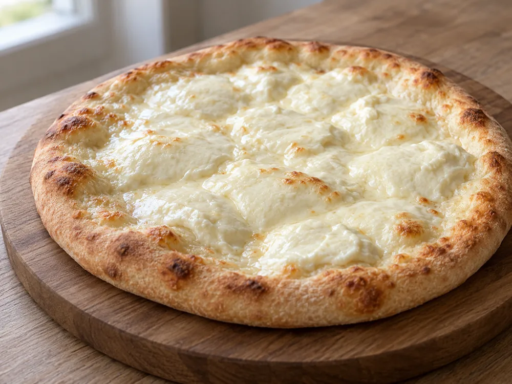 Baked pizza topped with a smooth white creamy cheese spread - Catupiry | KnowTheCheese