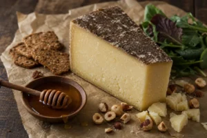Cave-aged sheep cheese wedge with honey hazelnuts and crackers - Cave Aged Marisa | KnowTheCheese