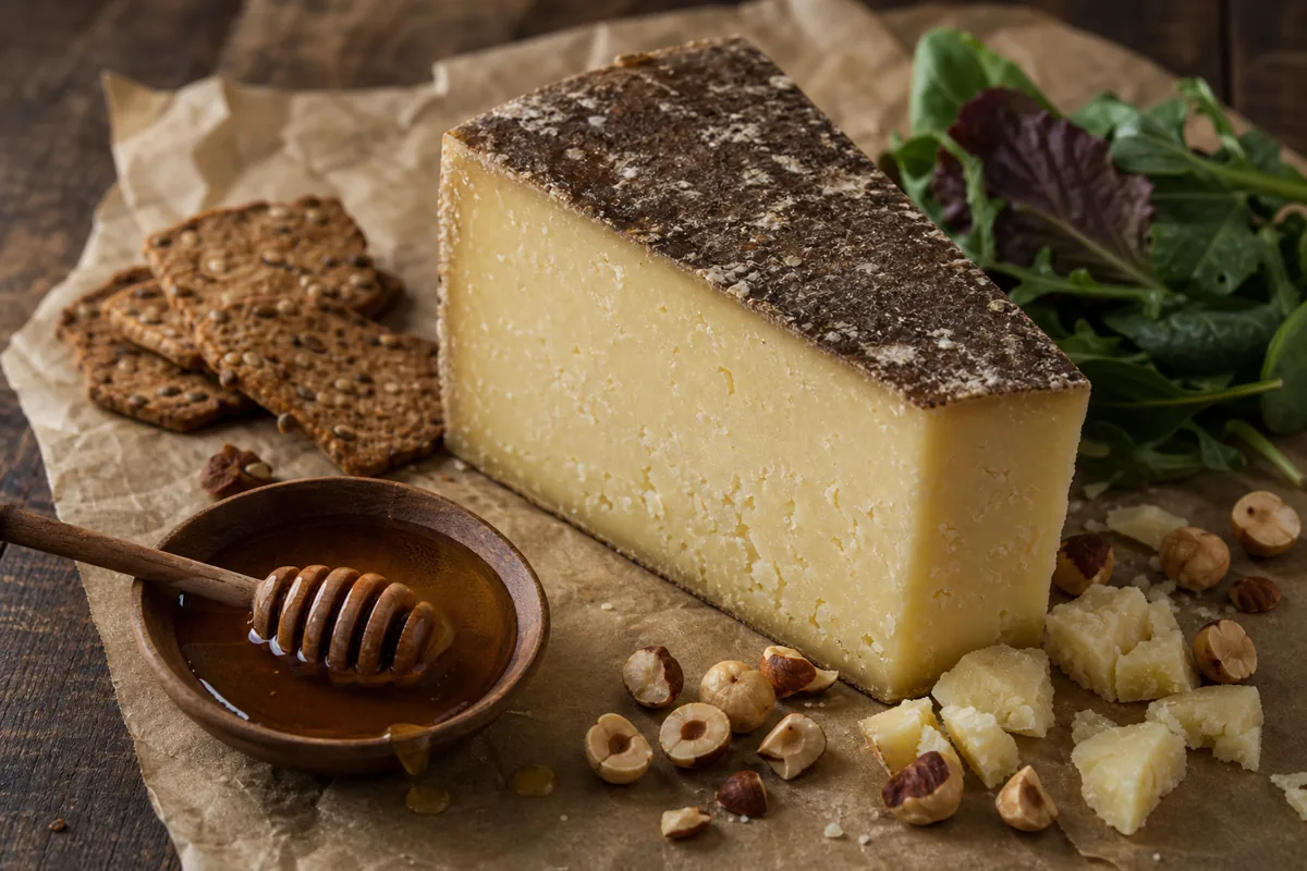 Cave-aged sheep cheese wedge with honey hazelnuts and crackers - Cave Aged Marisa | KnowTheCheese
