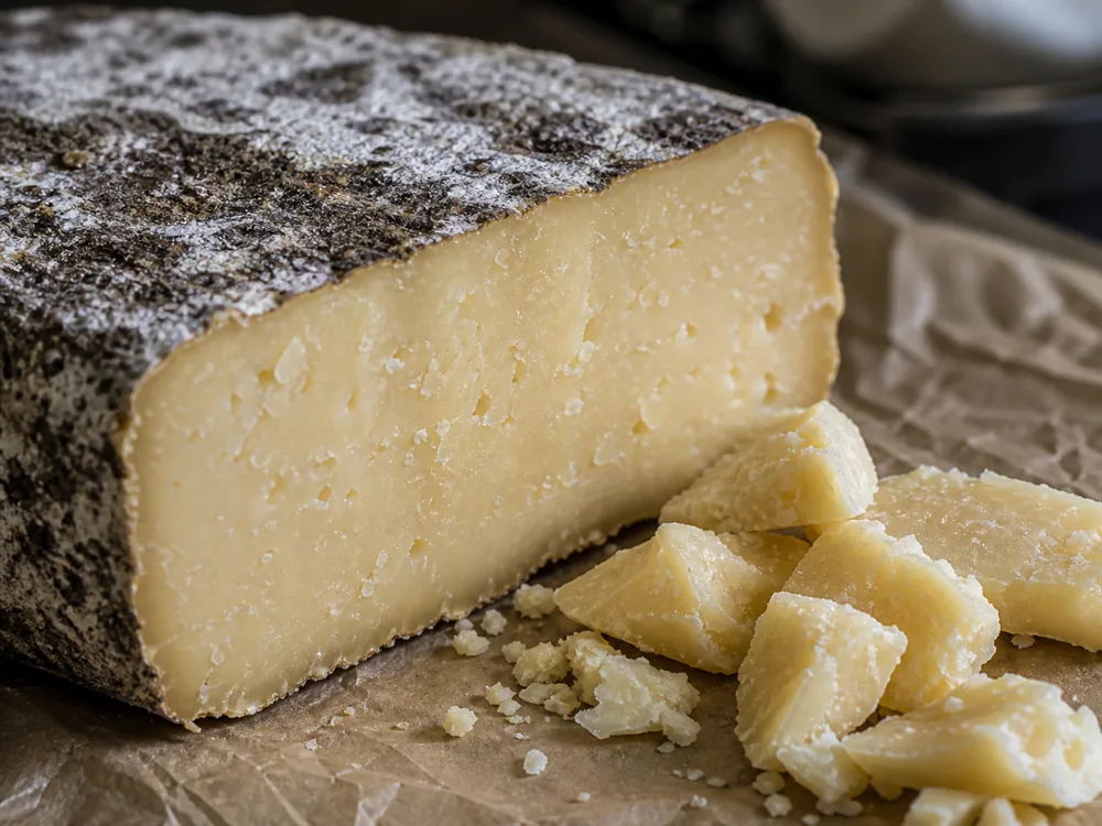 Natural rind and firm pale sheep cheese paste detail - Cave Aged Marisa | KnowTheCheese