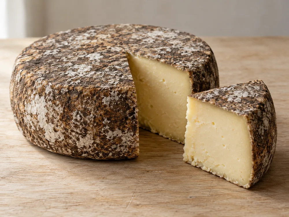 Whole wheel with one wedge cut out, showing a dark mottled rind and pale firm paste - Cave Aged Marisa | KnowTheCheese