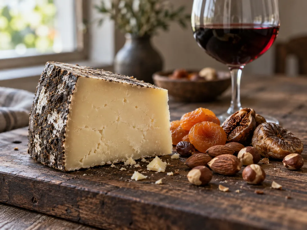 Wedge of firm pale cheese with a dark mottled rind beside dried fruit, roasted nuts and red wine - Cave Aged Marisa | KnowTheCheese