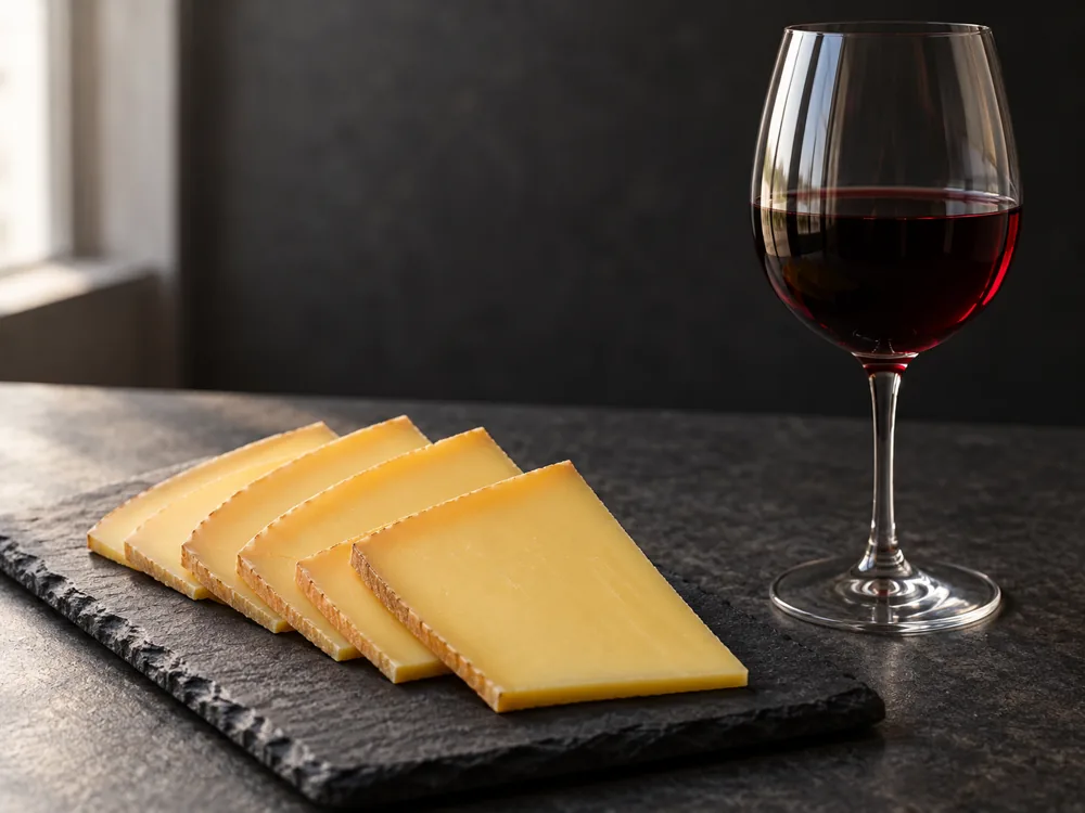 Thin slices of golden semi-hard cheese beside a glass of red wine - Challerhocker | KnowTheCheese