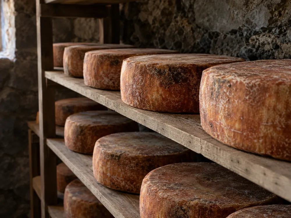 Whole cheese wheels with reddish-brown rinds resting on wooden shelves in a cellar - Challerhocker | KnowTheCheese