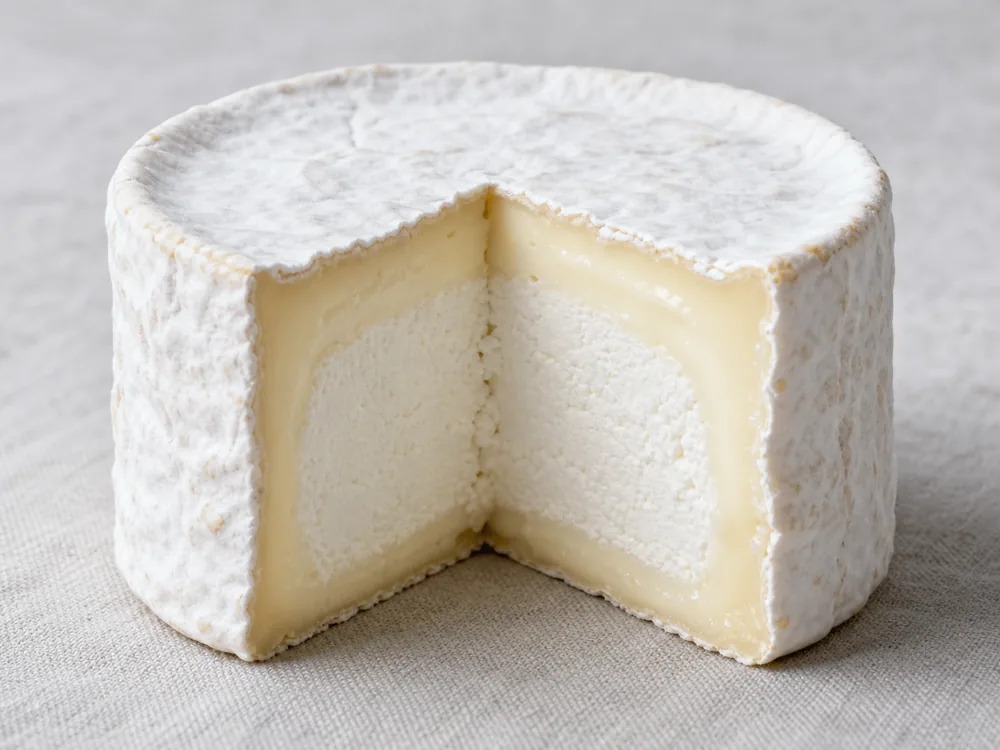 Cut Chaource wheel with a creamy outer ring and chalky lactic center - Chaource | KnowTheCheese