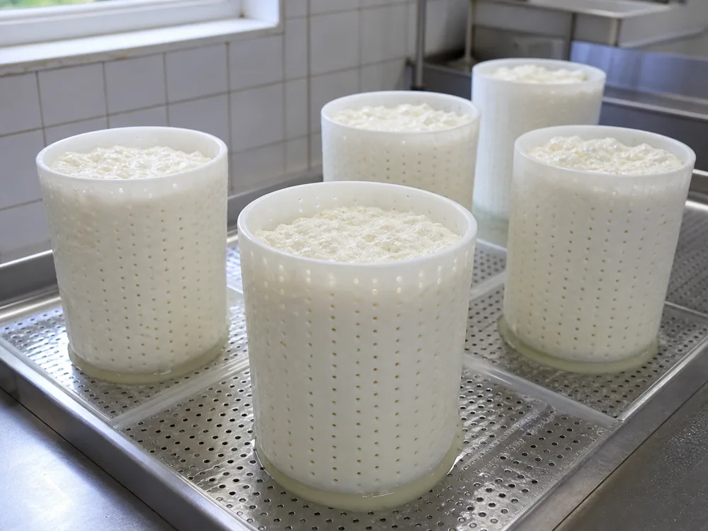 Fresh Chaource curd draining naturally in perforated molds - Chaource | KnowTheCheese