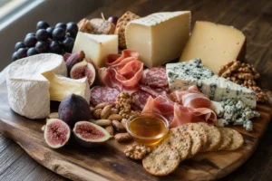 Charcuterie board with Brie, Camembert, aged Gouda, Manchego, blue cheese, cured meats, crackers, figs, and nuts - Best cheese for charcuterie boards | KnowTheCheese