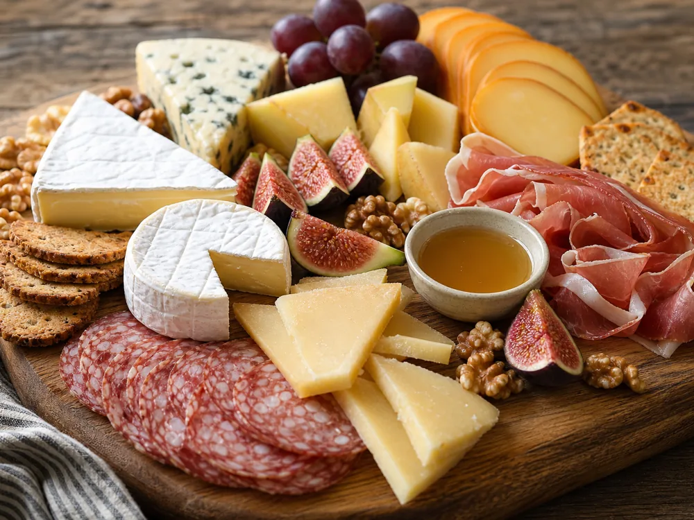 Charcuterie board with Brie, blue cheese, aged Gouda, Manchego-style wedges, prosciutto, salami, figs, crackers, nuts, and honey - Best cheese for charcuterie board | KnowTheCheese