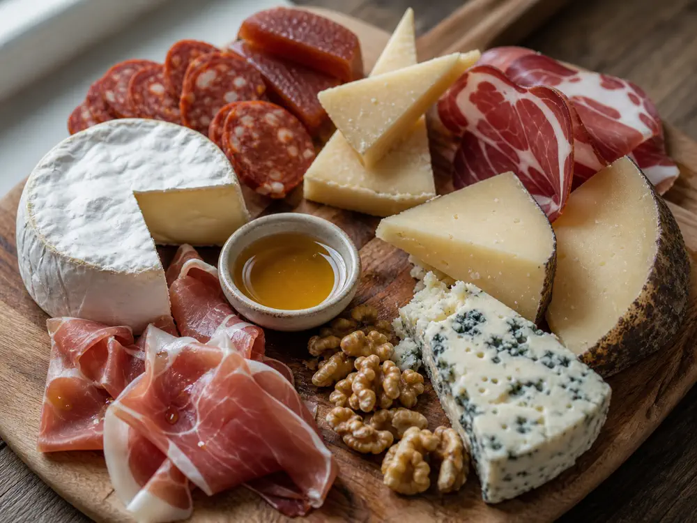 Small charcuterie pairing clusters with Brie and prosciutto, Manchego and chorizo, aged Gouda and coppa, and blue cheese with walnuts and honey - Best cheese for charcuterie board | KnowTheCheese