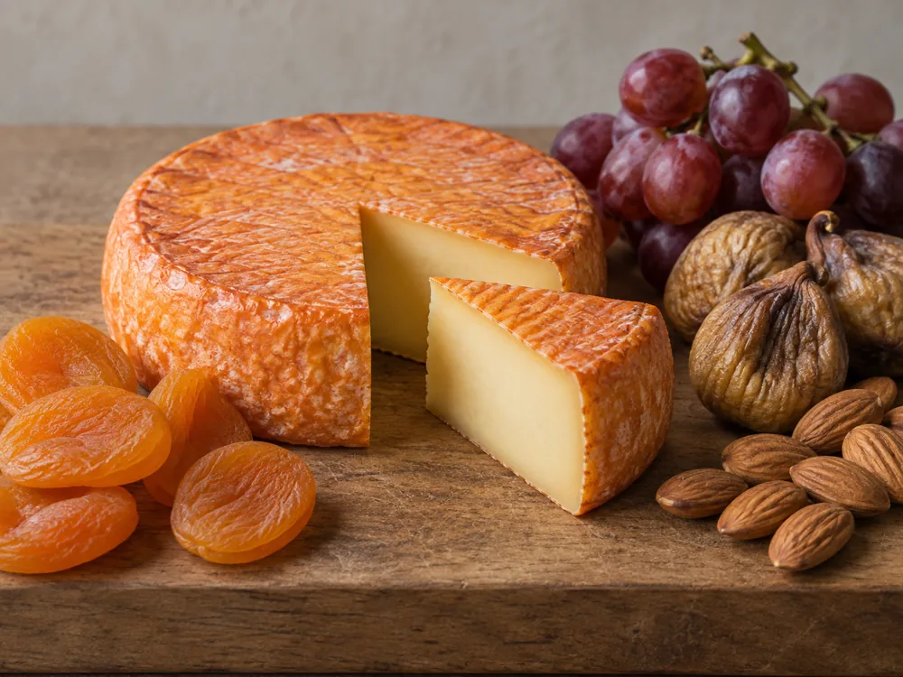 Illustration of a round orange-rind cheese with a wedge cut out beside dried apricots, dried figs, grapes and almonds - Chaumes | KnowTheCheese