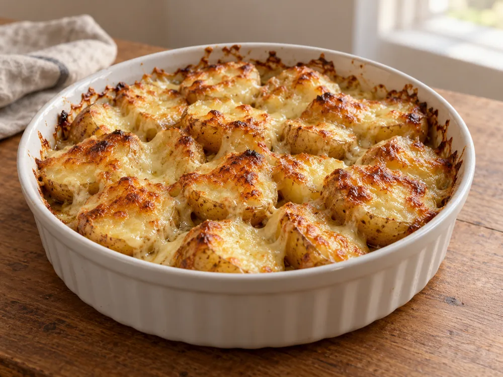 Illustration of potatoes in their skins under melted cheese - Chaumes | KnowTheCheese