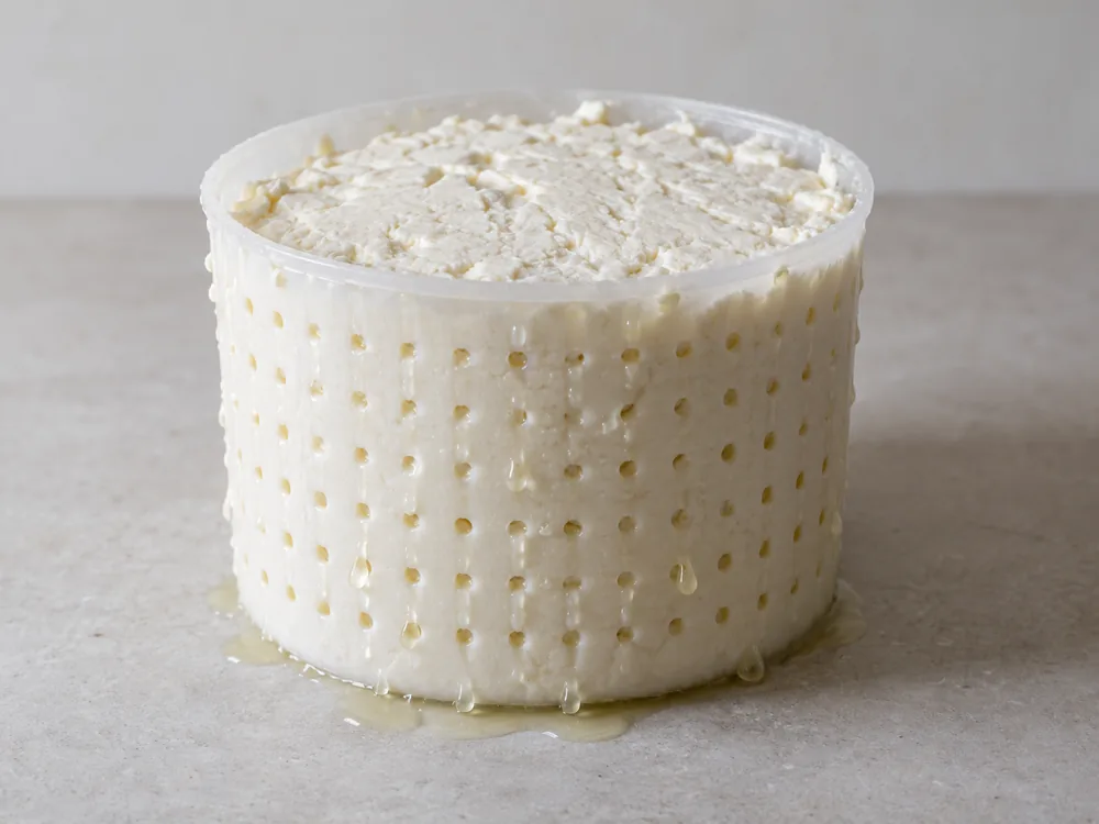 Perforated round mould packed with white curd with whey dripping from the holes - Chaumes | KnowTheCheese