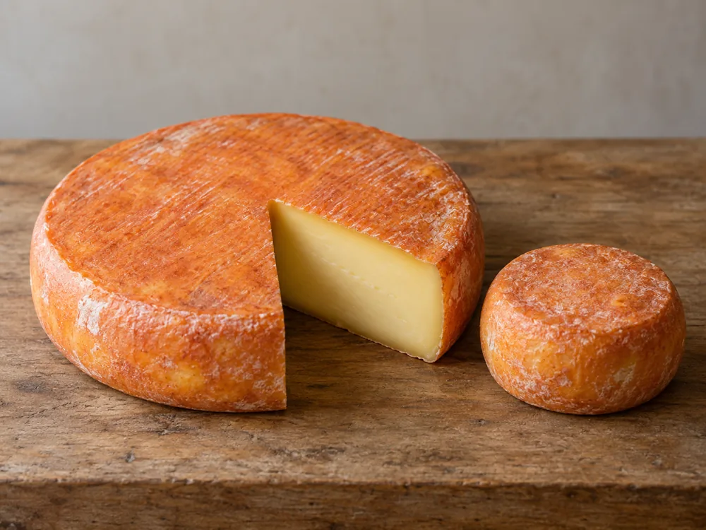 Large orange-rind cheese wheel with a wedge cut out beside a much smaller whole wheel - Chaumes | KnowTheCheese