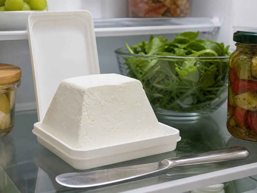Opened pyramid tub of fresh goat cheese stored in a refrigerator | KnowTheCheese