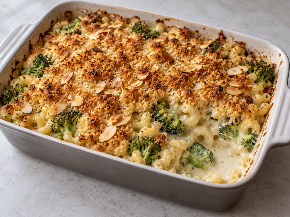 Baked macaroni with broccoli under a golden almond crumb topping - Chavroux | KnowTheCheese