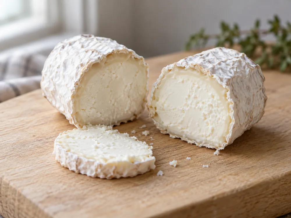 Goat cheese log cut in half, with a thin white wrinkled rind and creamy white paste - Chavroux | KnowTheCheese