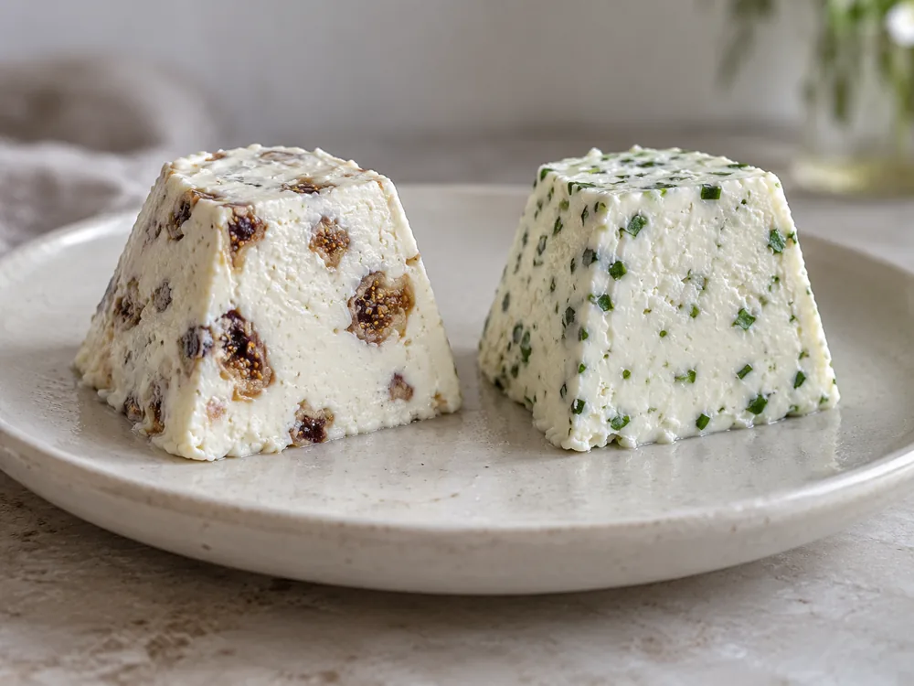 Two goat cheese pyramids, one with pieces of fig and one with green chive flecks - Chavroux | KnowTheCheese